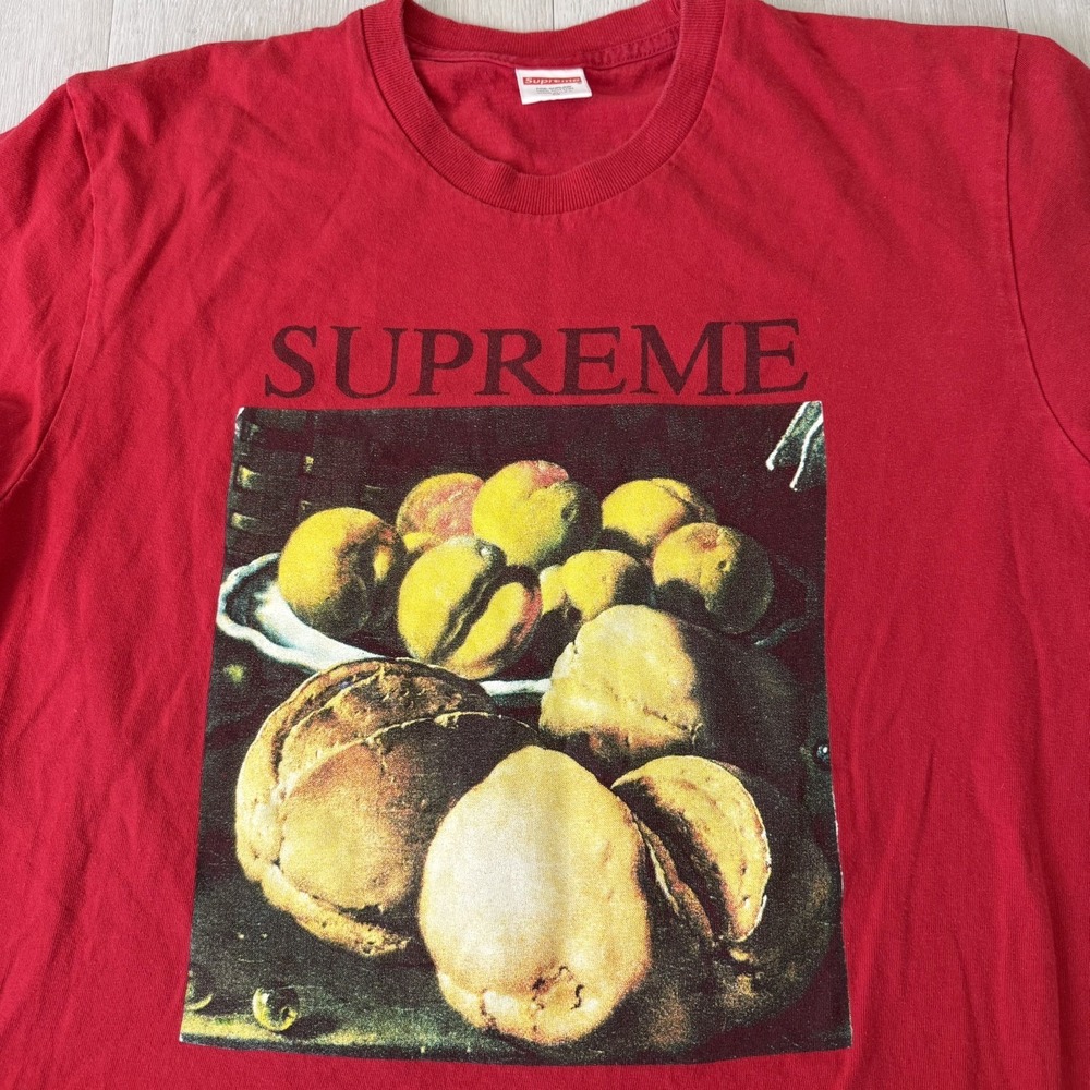 Supreme Still Life Logo T-Shirt Red M Crew Neck Short Sleeve Cotton USA